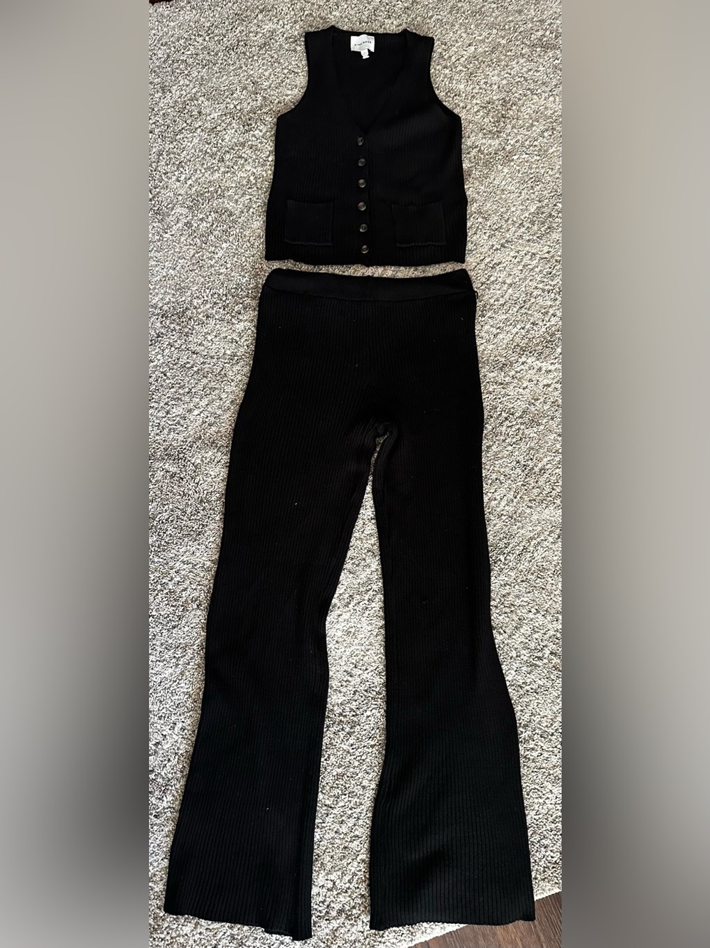 Pink Rose Black Ribbed Boot-Cut Pants with Matching Button Vest - Picture 1 of 4